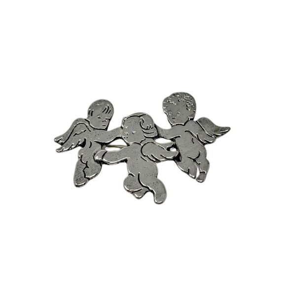 Vintage Pewter Cherub Angel Trio Brooch Pin Embossed Detail - Picture 1 of 2